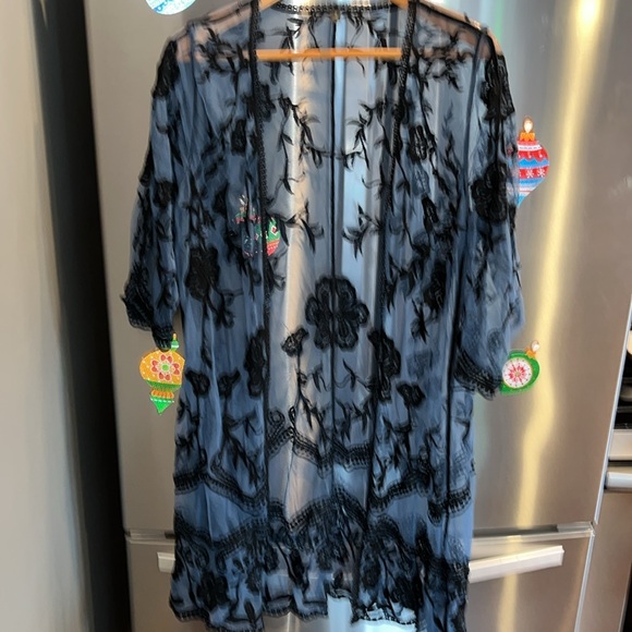 Lane Bryant Blue black Floral Embroidered MESH DUSTER JACKET Open Front Robe 18 - Picture 14 of 16